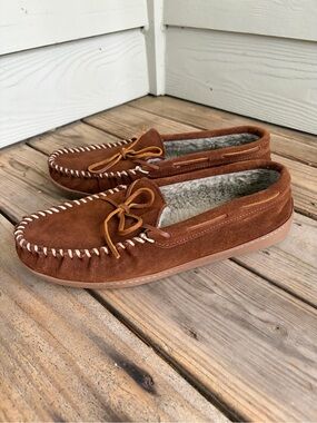 Minnetonka Sherpa Lined Suede House Shoes Mens 12 Brown‎ Cozy Moc Toe Comfort